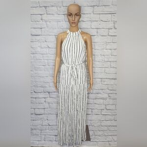 *NWT L'agence Womens Black white striped sleeveless tiered halter maxi dress XS